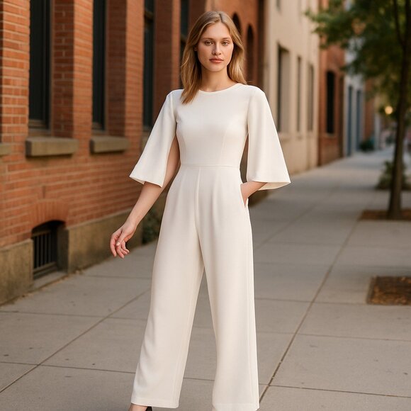 NWOT Calvin Klein Pleated Waist Cape Jumpsuit White - Picture 1 of 9